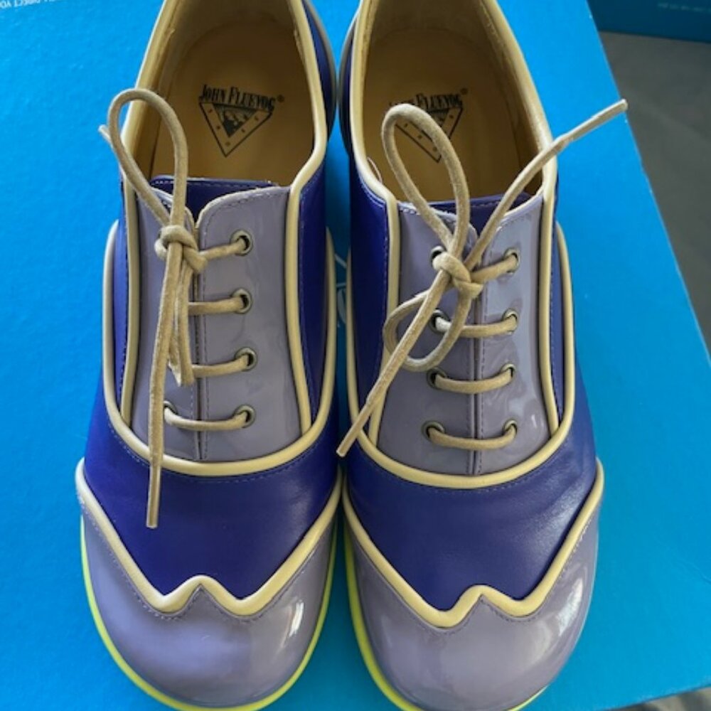 LAST Fluevog Martha Fellowship Lace Up Purple Neon Green 7.5 7 Leather Retro - Picture 9 of 15